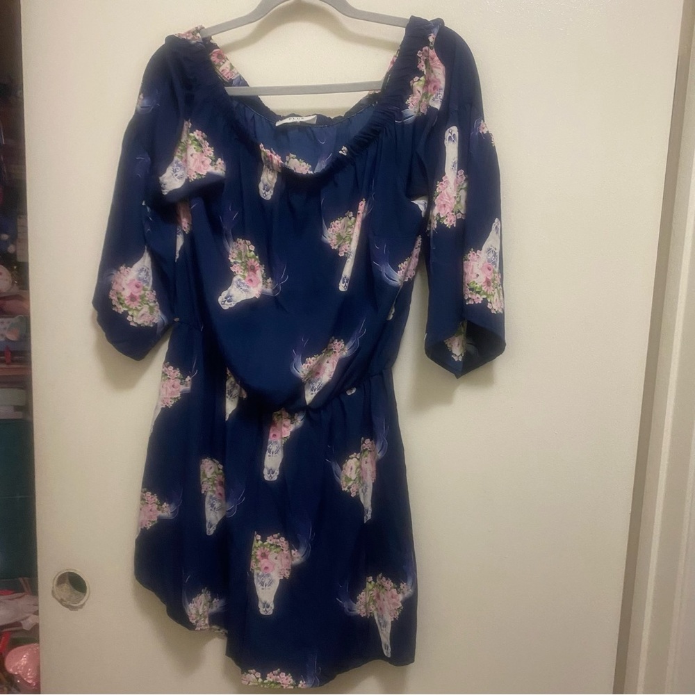 Jannette Plus USA Womens Romper XL Bust 42โ Navy Blue Floral Flowers In Vases